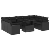 10-delige Loungeset met kussens poly rattan zwart - thumbnail