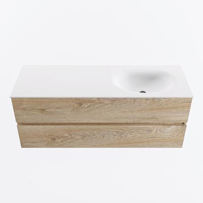 MONDIAZ VICA 130cm badmeubel onderkast Washed Oak 2 lades. Wastafel MOON rechts zonder kraangat, kleur Talc.