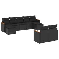 10-delige Loungeset met kussens poly rattan zwart - thumbnail