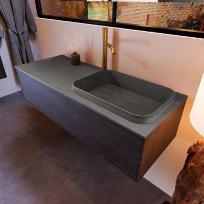 Badkamermeubelset Mondiaz Erin 120 cm met 1 Lade met RIDGE Wastafel Rechts Dark grey met 1 kraangat Greeploos Mat Dark Brown