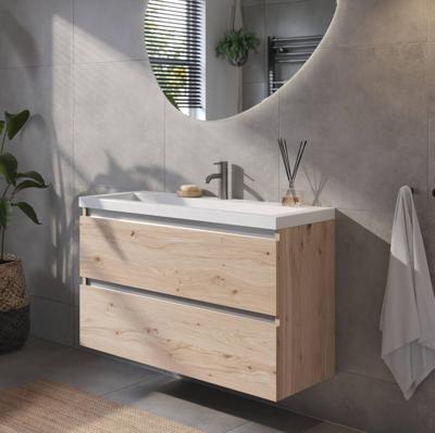 Saqu Gaia ondiep badmeubel incl. glans witte wastafel 100x40x64cm naturel eiken - aluminium greeplijst