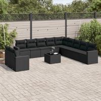 12-delige Loungeset met kussens poly rattan zwart - thumbnail