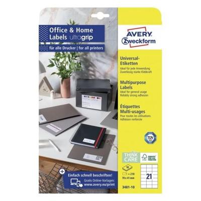 Avery-Zweckform 3481-10 Universele etiketten 70 x 41 mm Papier Wit 210 stuk(s) Permanent hechtend Laser (kleur), Laser (zwart/wit) Avery-Zweckform 3481-10 Universele etiketten 70 x 41 mm Papier Wit 210 stuk(s) Permanent hechtend Laser (kleur), Laser (zwart/wit)