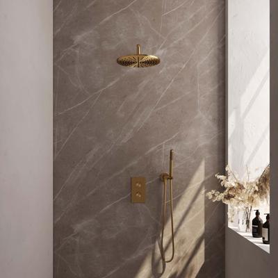 Brauer Gold Carving Thermostatische Regendoucheset Inbouw - Hoofddouche 30 cm - Gebogen Wandarm - 3 Weg - Handdouche Staaf - Doucheslang - Wandaansluitbocht - Geborsteld Goud