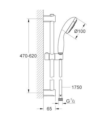 GROHE Vitalo Start 100 glijstangset - 60cm - ronde handdouche - 3 straalsoorten - gladde doucheslang - chroom/zwart 26032000 GROHE Vitalo Start 100 glijstangset - 60cm - ronde handdouche - 3 straalsoorten - gladde doucheslang - chroom/zwart 26032000