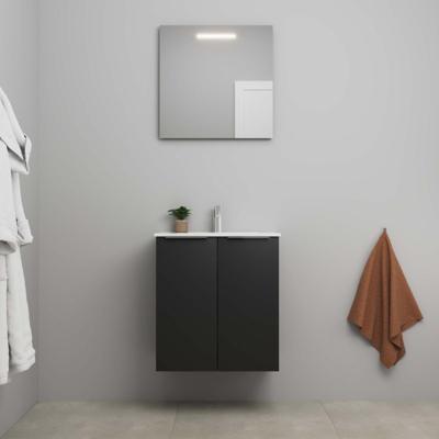 On-Line Badkamermeubelset - 60 cm - Voorgemonteerd - 2 Deuren met Greep - Porseleinen Wastafel - 1 Kraangat - Spiegel met LED-Verlichting - Mat Zwart