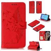 Feather patroon Litchi textuur horizontale Flip lederen draagtas met portemonnee & houder & kaartsleuven voor Huawei Y7 (2019) (rood) - thumbnail