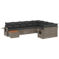 10-delige Loungeset met kussens poly rattan grijs - thumbnail
