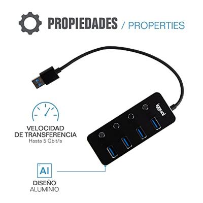 iggual - Hub type A 4 poorten - Inclusief vier USB 3.1 4 knoppen tot 5 Gbps - Compatibel met Mac OS, Windows, Linux