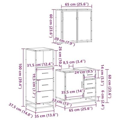 3-delige Badkamermeubelset bewerkt hout bruin eikenkleur