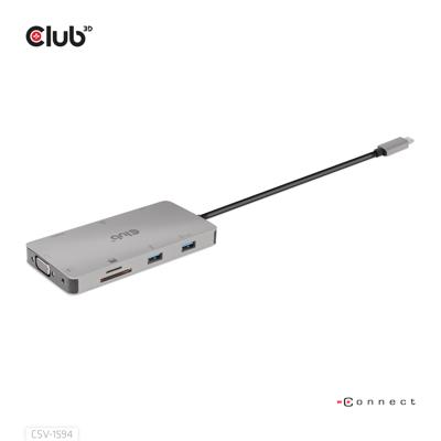 club3D CSV-1594 USB 3.1 Gen 1-hub 9 poorten Met ingebouwde netwerkaansluiting, Met ingebouwde SD-kaartlezer, Met USB-C stekker Zilver