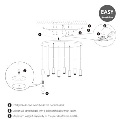Metaal kroonluchter - Industrie hanglamp - Zwart - Met 8 pcs lampvoeten - Ontworpen voor Eetkamer en Slaapkamer - 80 x 25 x 117.5cm - set met E27 Lamphouder - voor Lampenkap met Doorsnede max 15cm - Gloeilamp Niet Inbegrepen