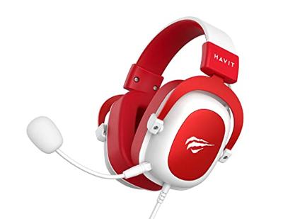Havit Gaming-hoofdtelefoon, rood en wit, 53 mm luidspreker, omnidirectionele geluidsopname, verstelbare hoofdstraal, compatibel met gaming-apparaten, multifunctionele draadbediening, leren oorkappen
