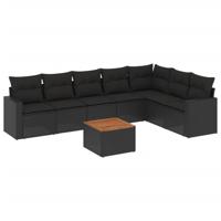 8-delige Loungeset met kussens poly rattan zwart - thumbnail