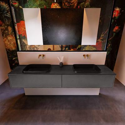 Badkamermeubelset Mondiaz Erin 200 cm met 2 Lades met RIDGE Wastafel Dubbel Urban Zonder Kraangaten Greeploos Mat Dark Grey