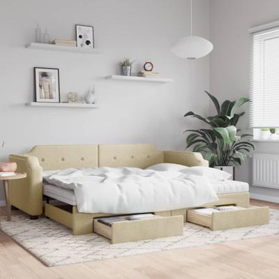 Slaapbank met onderschuifbed en lades 90x200 cm stof crèmekleur