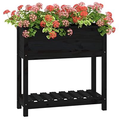 Plantenbak met schap 82,5x34,5x81 cm massief grenenhout zwart - thumbnail