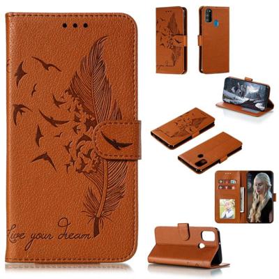 Voor Galaxy M30s Feather patroon Litchi textuur horizontale Flip lederen draagtas met houder & portemonnee & kaartsleuven (bruin)