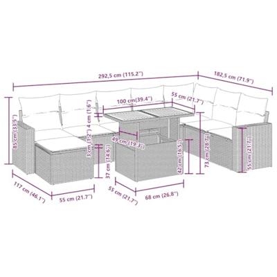 9-delige Loungeset met kussens poly rattan grijs