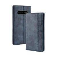 Magnetische Buckle retro textuur horizontale Flip lederen case voor Galaxy S10 PLUS, met houder & kaartsleuven & portemonnee (blauw) - thumbnail