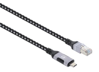 Manhattan USB-kabel USB 3.2 Gen1 (USB 3.0 / USB 3.1 Gen1) RJ45, USB-C stekker 200 cm Zwart/zilver Folie afscherming, Stoffen mantel 394826 Manhattan USB-kabel USB 3.2 Gen1 (USB 3.0 / USB 3.1 Gen1) RJ45, USB-C stekker 200 cm Zwart/zilver Folie afscherming, Stoffen mantel 394826