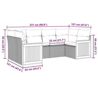 6-delige Loungeset met kussens poly rattan zwart - thumbnail