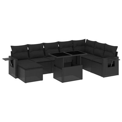 8-delige Loungeset met kussens poly rattan zwart - thumbnail