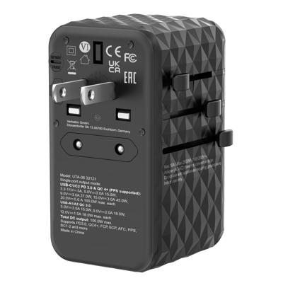 Verbatim GaN universele reisadapter UTA‑06 100 W, stekkeradapter met 2 USB‑A en 2 USB-C poorten, snellader voor laptop, mobiele telefoon, camera en co, reisstekker wereldwijd inzetbaar, 100-250 V
