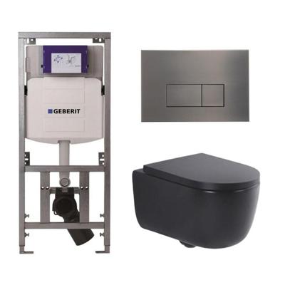 QeramiQ Dely Swirl Toiletset - 36.3x51.7cm - Geberit UP320 inbouwreservoir - met Burda frame - 35mm zitting - gunmetal bedieningsplaat - rechthoekige knoppen - mat zwart 0701131/SW706199/SW1000769/SW1026258
