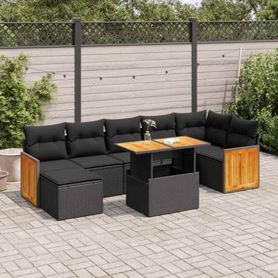 8-delige Loungeset met kussens poly rattan acacia zwart
