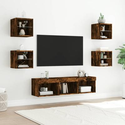 7-delige tv-wandmeubelset met LED bewerkt hout gerookt eiken