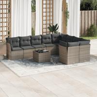 10-delige Loungeset met kussens poly rattan grijs - thumbnail