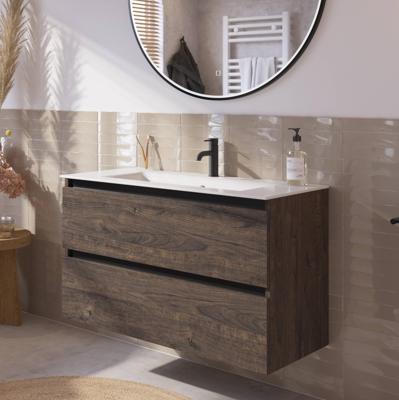 Saqu Gaia badmeubel incl. keramische wastafel 100x46x61cm kasteel bruin - zwarte greeplijst