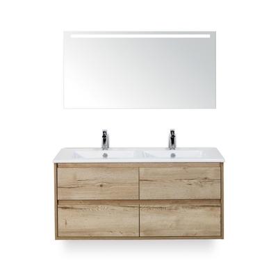Porto Badmeubelset 120 cm - 4 laden Natuur Eiken - Keramische Wastafel Wit Slim - met Sence Spiegel