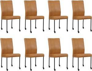 Set van 8 Cognac leren moderne eetkamerstoelen Comfort - poot rond zwart met wiel - Granada leer Sahara (cognac leer)