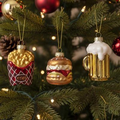 Glazen kerstballen fastfood set - Burger, Frietjes & Bierglas (3 stuks)