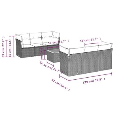7-delige Loungeset met kussens poly rattan grijs
