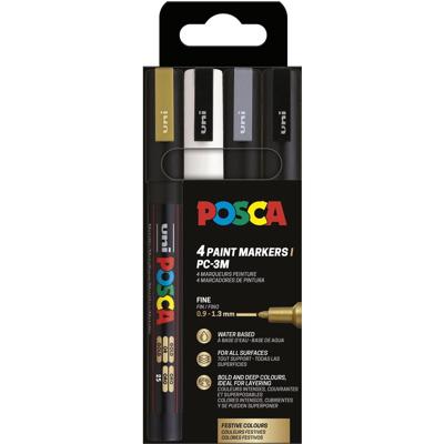 Uni POSCA paintmarker PC-3M, 1,5 mm, etui van 4 stuks in goud, wit, zilver en zwart Uni POSCA paintmarker PC-3M, 1,5 mm, etui van 4 stuks in goud, wit, zilver en zwart