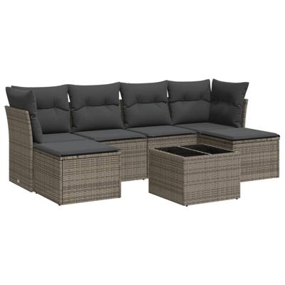 7-delige Loungeset met kussens poly rattan grijs