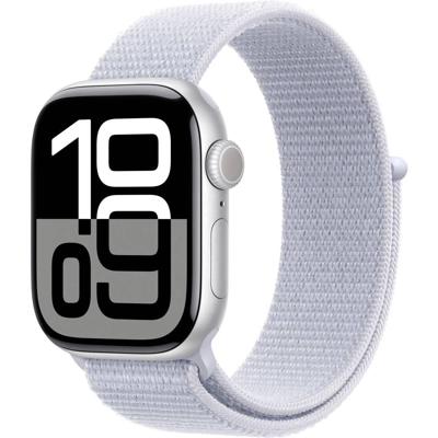 Apple Watch Series 10 (GPS 42 mm) Smartwatch - Kast van zilverkleurig aluminium - Ochtendblauw geweven sportbandje. Conditie bijhouden, Ecg-app, always on Retina-display, CO₂-neutraal