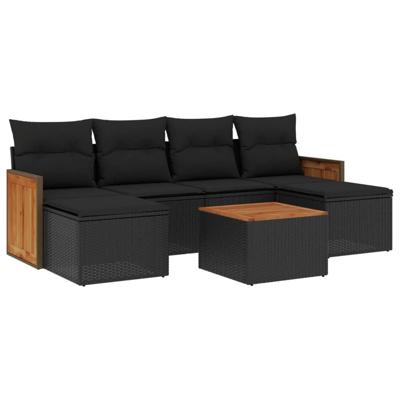 7-delige Loungeset met kussens poly rattan zwart - thumbnail