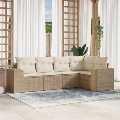 5-delige Loungeset met kussens poly rattan beige