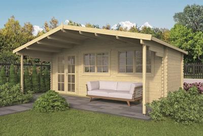 Tuindeco Piet blokhut 595x300 cm + luifel 200 cm - inclusief zwarte dakshingles, dakgoot, binnenvloer en composiet funderingsbalken - Showmodel Numansdorp- Zadeldak- Onbehandeld vurenhout- Tuindeco