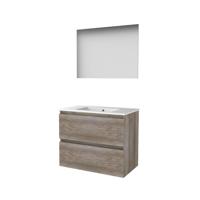 Basic-Line Ultimate 46 Badkamermeubelset - 80 x 46 cm - Greeploos - 2 Lades - Keramische Wastafel - 1 Kraangat - Spiegel met Indirecte LED Verlichting - Scotch Oak - thumbnail