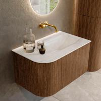 Mondiaz KURVE-DLUX 75 cm Onderkast Greeploos 1 Lade Met Deuren Walnut, Wastafel Solid Surface Rechts Ostra 0 Kraangaten Zonder Spiegel (KRVGRU75L1L1D0KR-Wal/Ost) - thumbnail