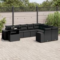 10-delige Loungeset met kussens poly rattan zwart - thumbnail