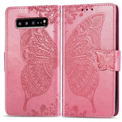 Butterfly Love bloemen reliëf horizontale Flip lederen case voor Galaxy S10 5G met houder & kaartsleuven & portemonnee & Lanyard (roze)