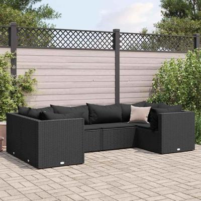 6-delige Loungeset met kussens poly rattan zwart