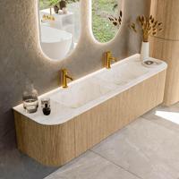 Mondiaz KURVE-DLUX 170 cm Onderkast Greeploos 1 Lade Met Deuren Oak, Wastafel Solid Surface Dubbel Frappe 2 Kraangaten Zonder Spiegel (KRVLEA170L+R1L2D2KD-Oak/Fra) - thumbnail