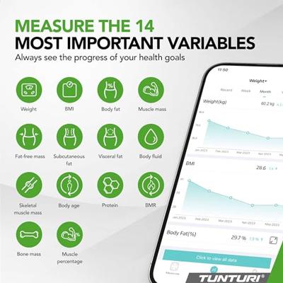 Tunturi Smart Scale | Weegschaal | Bluetooth | incl. lichaamsanalyse & hartslagmeter